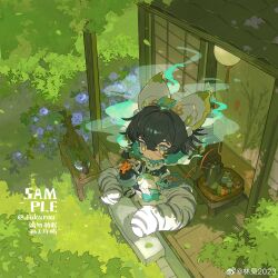 1boy absurdres artist_name basket bead_necklace beads black_footwear black_hair black_jacket black_pants black_sleeves blue_eyes blue_flower blue_rose bow bug bush butterfly butterfly_on_knee check_copyright chinese_commentary chinese_text clenched_teeth commentary_request copyright_request creature cup falling_leaves flower food fruit fukurou_(linxiao_2024) fur-trimmed_jacket fur-trimmed_sleeves fur_trim green_tea hair_between_eyes hair_bow highres holding holding_smoking_pipe insect jacket jewelry knee_up lantern leaf long_sleeves male_focus mandarin_orange mole mole_under_mouth mug necklace orange_butterfly original outdoors pants paper_lantern prayer_beads rose sample_watermark shawl shoes short_hair sitting smoke smoking_pipe socks stitched_face stitches tea teapot teeth tree veranda watermark weibo_watermark weibo_watermark white_bow white_shawl white_socks
