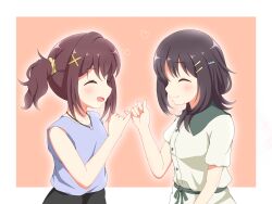 2girls black_hair blue_shirt blush border brown_hair closed_eyes furutachi_kurea green_shirt hibi_wa_sugiredo_meshi_umashi highres jewelry kawai_mako medium_hair multiple_girls multiple_hair_clips namakemono_(lazysloth2022) necklace open_mouth pinky_swear shirt short_sleeves simple_background sleeveless sleeveless_shirt smile twintails white_border