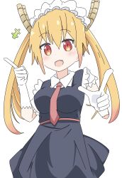 1girl absurdres breasts dragon_girl elbow_gloves fang gloves highres index_finger_raised kobayashi-san_chi_no_maidragon l_hand large_breasts long_hair looking_at_viewer maid maid_headdress necktie orange_hair red_eyes red_necktie sabudominanto simple_background skin_fang tohru_(maidragon) twintails white_background