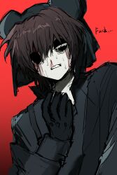 Rule 34 | 1boy, absurdres, animal hat, black eyes, black gloves, black jacket, bleeding, blood, blood from forehead, brown hair, buzhidaoshenmexiangchangmao, english text, gloves, gradient background, hand up, hat, highres, injury, jacket, looking at viewer, male focus, mouse hat, nosebleed, present day problem takeuchi robert, randal&#039;s friends, red background, short hair, simple background, solo, sweat, upper body