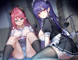 2girls black_socks black_thighhighs blue_eyes blush breasts closed_mouth controller demon_girl demon_horns demon_tail game_controller hair_between_eyes highres horns indoors kihou_no_gotoku_dmc kneehighs large_breasts long_hair looking_at_viewer maid_headdress multiple_girls open_mouth original pink_hair pointy_ears purple_eyes purple_hair short_sleeves sitting socks tail thighhighs thighs