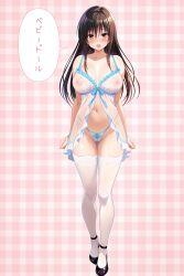 1girl babydoll bare_shoulders black_hair blush breasts breasts_apart brown_eyes cameltoe cleavage collarbone cygnus_(cygnus7) earrings full_body groin highres jewelry kotegawa_yui large_breasts legs long_hair navel nipples panties pubic_hair pussy see-through_clothes shiny_skin shoes simple_background smile solo thigh_gap thighhighs thighs to_love-ru underwear