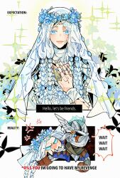 1boy 1girl anger_vein armor blue_eyes blue_flower blush braid bridal_veil chibi comic commentary cracked_skin doll_joints drenched-in-sunlight elden_ring elden_ring_nightreign english_commentary english_text expectation_vs._reality flower full_body hand_on_own_chest head_wreath helmet highres joints long_hair open_mouth revenant_(elden_ring) smile veil white_hair winged_helmet wylder_(elden_ring)