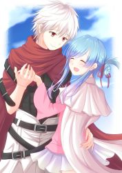 1boy 1girl absurdres belt blue_hair blush cape day closed_eyes hair_ribbon hair_up hetero highres hina_(plunderer) holding_hands licht_bach long_hair looking_at_another outdoors plunderer red_cape red_eyes red_ribbon ribbon short_hair standing white_hair yayoi_(ksks_se)