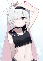 1girl bare_shoulders bikini black_bikini black_choker black_hairband black_sailor_collar blue_archive bow choker hair_bow hair_over_one_eye hairband halo hand_up highres loli looking_at_viewer navel plana_(blue_archive) red_halo red_pupils sailor_collar simple_background solo swimsuit watakaze white_background white_bow white_hair