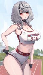 1girl absurdres adjusting_buruma adjusting_clothes alternate_costume belt belt_collar black_belt black_gloves black_hair blush braid breasts buruma cleavage collar commentary_request cowboy_shot dalcom day fingerless_gloves gloves grey_hair hair_between_eyes hair_ornament half_gloves highres hololive large_breasts logo long_hair looking_at_viewer lower_teeth_only midriff multicolored_hair navel open_mouth outdoors race_bib red_eyes running_track sakamata_chloe solo sports_bra standing streaked_hair teeth thick_thighs thighs tongue track_and_field track_uniform two-tone_hair virtual_youtuber white_buruma white_sports_bra x_hair_ornament