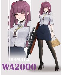 1girl absurdres alternate_costume bag black_pantyhose black_shoes black_skirt blush breasts bullpup character_name collared_shirt commentary english_commentary english_text fingernails full_body girls&#039;_frontline gun high_heels highres holding holding_bag holding_gun holding_weapon id_card jian_(ntd_ak12) long_hair looking_at_viewer office_lady one_side_up open_mouth pantyhose purple_eyes purple_hair rifle scope shell_casing shirt shoes simple_background skirt sniper_rifle solo standing striped_clothes striped_shirt suppressor teeth upper_teeth_only vertical-striped_clothes vertical-striped_shirt wa2000_(girls&#039;_frontline) walther walther_wa_2000 watch weapon weapon_name white_shirt wristwatch zoom_layer