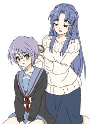 Rule 34 | 2girls, behind another, between legs, black cardigan, blue eyes, blue hair, blue sailor collar, blue skirt, brown eyes, brushing another&#039;s hair, brushing hair, cardigan, collarbone, curtained hair, glasses, hair brush, half-closed eyes, hand between legs, highres, holding, holding brush, kita high school uniform, long hair, long sleeves, looking at another, looking down, looking up, multiple girls, nagato yuki, open cardigan, open clothes, open mouth, parted bangs, purple hair, raised eyebrows, red ribbon, ribbon, rimless eyewear, sailor collar, school uniform, serafuku, short hair, simple background, sitting, skirt, smile, standing, suzumiya haruhi no shoushitsu, suzumiya haruhi no yuuutsu, sweater, waka 849, white background, white sweater, winter uniform