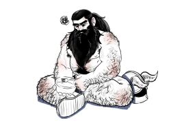 1boy arctavius armpit_hair armpit_hair_peek bara beard belly body_fur brown_hair convenient_leg dungeon_meshi dwarf eating facial_hair fake_horns fat fat_man full_body greyscale hairy half-closed_eyes helmet horned_helmet horns long_beard male_focus monochrome muscular muscular_male mustache senshi_(dungeon_meshi) sitting solo squiggle thick_arm_hair thick_leg_hair thick_mustache thick_navel_hair unworn_headwear very_hairy very_long_beard