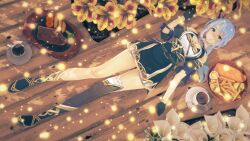 3d breasts cleavage ellenlaire etain_(mabinogi) food highres koikatsu_(medium) low_ponytail lying mabinogi on_back ponytail single_thighhigh thighhighs