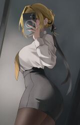 1girl absurdres alternate_costume ass black_pantyhose blonde_hair breasts cellphone commentary_request evelyn_chevalier from_side hair_up highres holding holding_phone large_breasts mirror_selfie necktie office_lady pantyhose pencil_skirt phone ring_hair_ornament selfie shirt shirt_tucked_in skirt smartphone solo white_shirt yato_(yama0x1) yellow_necktie zenless_zone_zero