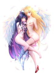 Rule 34 | 2girls, absurdres, blonde hair, blue eyes, breasts, colored inner hair, covering breasts, covering privates, feathered wings, green eyes, highres, holding, holding stuffed toy, honekoneko (psg), long hair, medium breasts, multicolored hair, multiple girls, nail polish, panties, panties around leg, panty &amp; stocking with garterbelt, panty (psg), pink panties, pinkuempire, purple hair, red shoes, shoes, single shoe, stocking (psg), striped clothes, striped thighhighs, stuffed toy, thighhighs, thighhighs pull, toenail polish, toenails, topless female, underwear, very long hair, wings