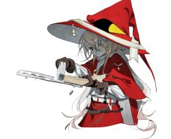 Rule 34 | 1girl, black gloves, blonde hair, capelet, cerevevisiae, closed mouth, gloves, hair ornament, hat, highres, holding, holding weapon, long hair, looking at viewer, medal, one eye closed, original, red capelet, red hat, red skirt, shirt, simple background, skirt, solo, star (symbol), weapon, white background, white shirt, witch hat