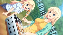10s 2girls blonde_hair blue_eyes character_request food game_cg grill highres kagurazaka_namine koutaro long_hair multiple_girls open_mouth tropical_kiss tropical_vacation twinkle_(company)