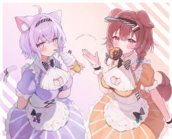 2girls absurdres ahoge alternate_costume animal_ear_fluff animal_ears apron bow bowtie braid breasts brown_eyes brown_hair cat_ears cat_tail chocolate_donut cleavage cleavage_cutout clothing_cutout commentary_request dog_ears dog_tail donut double-parted_bangs dress food food_in_mouth frilled_dress frilled_wrist_cuffs frills gradient_background hair_between_eyes hairband highres holding holding_ice_cream_cone hololive ice_cream_cone inugami_korone large_breasts looking_at_viewer low_twin_braids maid maid_apron multiple_girls nekomata_okayu nishiro_hato puffy_short_sleeves puffy_sleeves purple_eyes purple_hair short_sleeves sidelocks striped_bow striped_bowtie striped_clothes tail tongue tongue_out twin_braids underbust virtual_youtuber visor_cap waist_apron wrist_cuffs yellow_dress