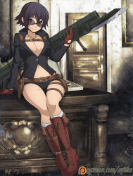 1girl artist_name black_hair black_jacket breasts chuunioniika cleavage desk devil_may_cry devil_may_cry_(series) devil_may_cry_4 gloves highres holding holding_rocket_launcher holding_weapon jacket kalina_ann_(weapon) lady_(devil_may_cry) micro_shorts navel no_bra official_alternate_color on_desk red_gloves rocket_launcher shorts sitting smile sunglasses weapon