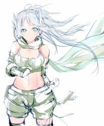 1girl blue_eyes bra_strap breasts cleavage closed_mouth commentary_request cowboy_shot fingerless_gloves floating_hair gloves green_gloves green_scarf green_shorts green_thighhighs green_tube_top grey_hair highres large_breasts looking_at_viewer midriff navel ragnarok_online ranger_(ragnarok_online) scarf shorts simple_background solo strapless thighhighs tube_top tugmix white_background