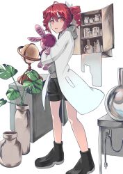 Rule 34 | 1girl, ahoge, black boots, black shorts, boots, cable, chemistry, coat, desk, drill hair, foot out of frame, globe, grey sweater, hair between eyes, highres, hood, hooded sweater, kasane teto, kasane teto (sv), long sleeves, looking at viewer, nekoma shion, open clothes, open coat, open mouth, plant, potted plant, red eyes, red hair, shorts, simple background, solo, stuffed toy, sweater, synthesizer v, three quarter view, twin drills, utau, white background, white coat