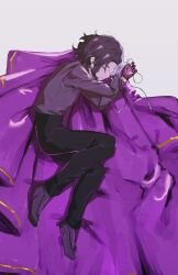 1boy amethio_(pokemon) black_pants closed_eyes commentary_request copituji eyelashes from_above full_body gloves highres long_sleeves lying male_focus nintendo on_side pants parted_lips pokemon pokemon_(anime) pokemon_horizons shirt shoes short_hair solo