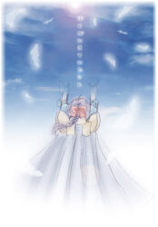 1girl 2000s_(style) arms_up blue_cape blue_sky bow braid braided_ponytail cape cloud commentary_request crusader_(ragnarok_online) dated_commentary feathers from_behind hair_bow lens_flare long_hair purple_hair ragnarok_online reaching red_bow sharari sky solo translation_request