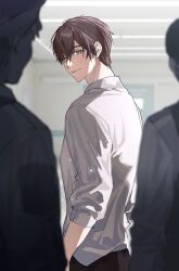 1boy ameinu blurry blurry_background brown_hair buried_stars character_request collared_shirt hair_between_eyes highres indoors lee_gyu-hyuk long_sleeves looking_at_viewer looking_back male_focus pants shirt short_hair