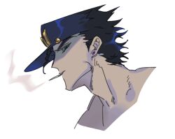 1boy black_hair blackveil_jo blue_eyes blue_hat cigarette commentary_request cropped_shoulders earrings hat jewelry jojo_no_kimyou_na_bouken kuujou_joutarou looking_at_viewer male_focus mouth_hold peaked_cap portrait profile smoke smoking solo stardust_crusaders stud_earrings white_background