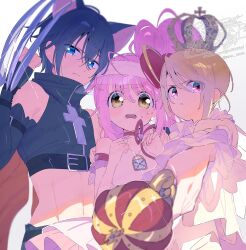 1girl 2boys ahoge amulet_heart animal_ears arm_belt ascot bare_shoulders belt belt_buckle black_belt black_lynx blonde_hair blue_arm_warmers blue_eyes blue_hair blue_shirt boy_sandwich buckle cat_boy cat_ears cheerleader chest_belt clenched_hand closed_mouth cowboy_shot cross crossed_bangs crown detached_sleeves determined dot_nose eyelashes eyes_visible_through_hair fake_claws frilled_sleeves frills frown furrowed_brow gold_crown hair_between_eyes hair_ornament hand_on_another&#039;s_shoulder hat heart heart_hair_ornament heart_print hetero high_side_ponytail hinamori_amu holding holding_scepter hotori_tadase humpty_lock_(shugo_chara!) jacket light_blush long_hair long_sleeves magical_boy magical_girl midriff multiple_belts multiple_boys navel neck_ribbon nervous open_mouth outstretched_arm pants parted_lips pink_eyes pink_hair pink_hat pink_shirt platinum_royale ponytail prince red_ribbon red_sleeves ribbon sandwiched scepter see-through_clothes see-through_headwear serizawa_serizane shirt short_hair short_ponytail shugo_chara! sideways_hat simple_background sleeveless sleeveless_shirt sparkle sweat swept_bangs tareme tsukiyomi_ikuto turtleneck turtleneck_shirt twitter_username v-neck visor_cap watermark white_ascot white_background white_jacket white_pants yellow_eyes
