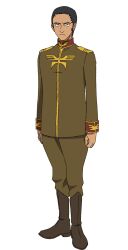 1boy black_eyes black_hair boots brown_boots brown_pants epaulettes full_body gundam gundam_gquuuuuux highres looking_at_viewer male_focus military_uniform mulligan_(gundam) official_art pants short_hair simple_background solo standing transparent_background very_short_hair zeon