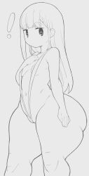 ! 1girl absurdres aharen-san_wa_hakarenai aharen_reina ass blunt_bangs breasts collarbone curvy grey_background hand_on_own_chest highres huge_ass kyojiri_loli long_hair looking_at_viewer monochrome navel sketch slingshot_swimsuit small_breasts solo stomach swimsuit thanuki thick_thighs thighs wide_hips