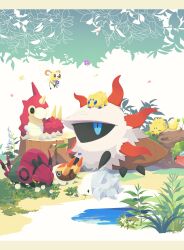 blue_eyes closed_eyes commentary_request cutiefly falling_petals gen_3_pokemon gen_5_pokemon gen_7_pokemon gen_8_pokemon grubbin hachijuu_suzume highres joltik larvesta letterboxed looking_up nintendo no_humans on_head outdoors petals plant pokemon pokemon_(creature) pokemon_on_head snom tree_stump venipede wurmple