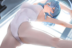 Rule 34 | 1girl, ako (blue archive), blue archive, blue eyes, blue hair, blurry, blurry background, breasts, dondonai, dot nose, eyelashes, female focus, hair between eyes, halo, indoors, large breasts, leotard, long hair, looking at viewer, matching hair/eyes, medium hair, solo, standing, white leotard
