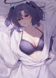 1girl absurdres alternate_costume bathrobe black_halo blue_archive blush bra breasts cleavage hair_between_eyes halo highres large_breasts long_hair looking_at_viewer lying on_back parted_lips purple_bra purple_eyes purple_hair sidelocks solo soo_ou two_side_up underwear yuuka_(blue_archive)