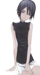1girl absurdres arm_support belt black_belt black_hair black_shirt blue_eyes closed_mouth commentary cowboy_shot feason hand_on_lap head_tilt highres kingdom_hearts light_smile looking_at_viewer miniskirt shirt short_hair simple_background sitting skirt sleeveless sleeveless_shirt solo white_background white_skirt xion_(kingdom_hearts)