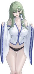 1girl 7saki absurdres bare_shoulders black_panties blue_eyes blush breasts cleavage commentary_request detached_sleeves feet_out_of_frame frog_hair_ornament gluteal_fold green_hair hair_between_eyes hair_intakes hair_ornament hair_tubes highres kochiya_sanae large_breasts long_hair looking_at_viewer navel no_pants nontraditional_miko open_mouth panties simple_background single_hair_tube smile snake_hair_ornament solo standing thighs touhou underwear white_background white_sleeves
