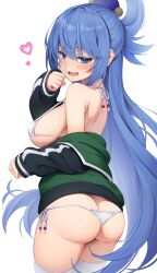 Rule 34 | 1girl, aqua (konosuba), ass, bare shoulders, bikini, blue eyes, blue hair, blush, breasts, butt crack, cosplay, cowboy shot, from behind, green jacket, hair rings, halterneck, heart, highres, jacket, kono subarashii sekai ni shukufuku wo!, large breasts, long hair, long sleeves, looking at viewer, looking back, lowleg, lowleg bikini, micro bikini, off shoulder, open mouth, osa (osaosa), satou kazuma, satou kazuma (cosplay), side-tie bikini bottom, sideboob, simple background, single hair ring, solo, string bikini, swimsuit, thighhighs, track suit, very long hair, white background, white bikini, white thighhighs