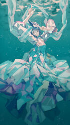 Rule 34 | 1girl, air bubble, arms up, black hair, blurry, bubble, chinese clothes, commentary, depth of field, english commentary, full body, grey eyes, hagoromo, hanfu, highres, lirseven, original, qixiong ruqun, shawl, solo, submerged, three-quarter sleeves, underwater, white hanfu, white shawl