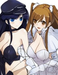 10s 2girls bare_shoulders blue_eyes blue_hair blush breasts brown_eyes brown_hair capelet choker cleavage crop_top elbow_gloves gloves hat large_breasts locked_arms looking_at_viewer multiple_girls ogiso_setsuna open_mouth peaked_cap pupps simple_background smile touma_kazusa two_side_up upper_body white_album_(series) white_album_2 white_background white_gloves