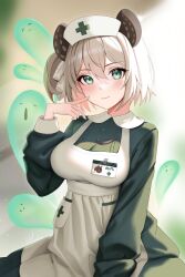 1girl absurdres animal_ears apron breasts closed_mouth commentary dress english_commentary green_dress green_eyes grey_hair hair_between_eyes hand_up hat highres hoshimurii id_card indie_virtual_youtuber long_sleeves looking_at_viewer medium_breasts naplings_(nimi_nightmare) nimi_nightmare nurse nurse_cap one_side_up puffy_long_sleeves puffy_sleeves round_collar rounded_collar short_hair smile tapir_ears tapir_girl virtual_youtuber white_apron white_hat