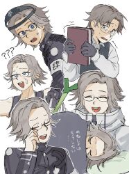 1boy :d ? ?? ^_^ absurdres aotsuki_eito armband black_gloves black_tank_top blanket blue_eyes book closed_eyes commentary english_commentary gakuran glasses gloves grey_hair highres holding holding_book hole_in_chest hole_on_body jacket last_defense_academy_school_uniform looking_at_viewer male_focus open_mouth pillow ransuteeki rubbing_eyes scared school_uniform shaking short_hair simple_background sleeping smile solo spring_onion sweat sweatdrop tank_top teeth the_hundred_line_-last_defense_academy- upper_teeth_only white_armband white_background white_jacket