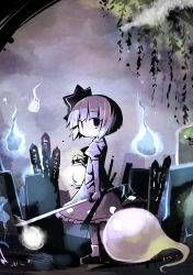 1girl absurdres dorua_(dollar) female_focus full_body ghost grave graveyard hairband highres katana konpaku_youmu konpaku_youmu_(ghost) lantern nature night outdoors short_hair silver_hair sky solo sotoba sword touhou weapon