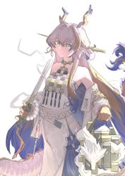 Rule 34 | 1girl, absurdres, arknights, bare shoulders, beads, belt, blonde hair, blue eyes, closed mouth, colored extremities, commentary, cowboy shot, dragon, dragon girl, dragon horns, dragon tail, earrings, eastern dragon, hair between eyes, hair intakes, highres, holding, holding sword, holding weapon, horns, hrtk, jacket, jewelry, light smile, long hair, long sleeves, looking at viewer, multicolored hair, necklace, off shoulder, pointy ears, purple hair, shu (arknights), simple background, solo, split mouth, standing, strapless, sword, tail, tube top, very long hair, weapon, white background, white belt, white hair, white jacket, white tube top