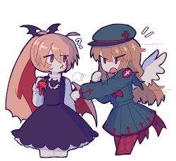 2girls ? angel angel_wings argyle_clothes argyle_thighhighs bat_(animal) beret black_dress blood blood_on_face brown_hair colored_skin dress expressionless funamusea green_hat green_shirt green_skirt haiiro_teien hat head_wings heart_(organ) highres holding_heart_(organ) long_hair macarona_(funamusea) motion_lines multiple_girls neckerchief open_mouth outline pinafore_dress pink_eyes pipiikki pleated_skirt ponytail punching purple_outline rawberry_preserves red_eyes red_neckerchief red_ribbon red_thighhighs ribbon shirt simple_background skirt sleeveless sleeveless_dress spanish_commentary thighhighs white_background white_shirt white_skin wings