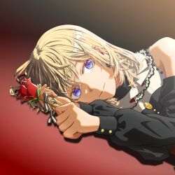 1girl absurdres bang_dream! bang_dream!_it&#039;s_mygo!!!!! bare_shoulders blonde_hair close-up clothing_cutout detached_sleeves doloris_(bang_dream!) flower highres holding holding_flower light_smile long_sleeves looking_at_viewer lying medium_hair misumi_uika on_side portrait purple_eyes r@men red_flower shadow shoulder_cutout solo
