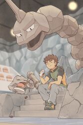 1boy :t baggy_pants blurry blurry_background boots bowl brock_(pokemon) brown_hair ceiling closed_eyes closed_mouth commentary dukehooverart eating food gen_1_pokemon geodude grey_pants highres indoors male_focus nintendo onigiri onix pants pet_bowl pokemon pokemon_(creature) pokemon_lgpe shirt short_hair short_sleeves signature sitting slice_of_life stairs t-shirt vest