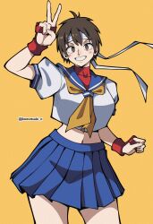 1girl absurdres blue_sailor_collar blue_skirt breasts brown_eyes brown_hair commentary contrapposto cowboy_shot fingerless_gloves gloves grin hand_up headband highres kasugano_sakura komatsuki_n large_breasts looking_at_viewer midriff mma_gloves navel navel_peek neckerchief pleated_skirt red_gloves sailor_collar school_uniform serafuku shirt short_hair short_sleeves simple_background skirt smile solo standing street_fighter twitter_username v white_headband white_shirt yellow_background yellow_neckerchief
