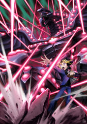 1boy belt black_hair blonde_hair card claws commentary_request duel_disk duel_monster colored_bangs energy energy_beam from_below gandora-x_the_dragon_of_demolition glowing glowing_eyes hair_between_eyes holding holding_card jacket koma_yoichi male_focus multicolored_hair muto_yugi open_mouth pants purple_hair rock school_uniform sharp_teeth shirt spiked_hair teeth tongue yu-gi-oh! yu-gi-oh!_the_dark_side_of_dimensions