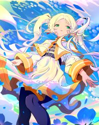 1girl absurdres belt black_belt black_pantyhose blue_sky capelet cloud cloudy_sky earrings elf frieren green_eyes highres jewelry kou_koufu long_hair outdoors pantyhose pointy_ears shirt skirt sky solo sousou_no_frieren striped_clothes striped_shirt twintails white_capelet white_hair white_skirt
