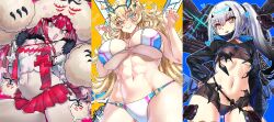 3girls abs absurdres animal_hands aqua_eyes baobhan_sith_(fate) baobhan_sith_(swimsuit_pretender)_(first_ascension)_(fate) barghest_(fate) barghest_(swimsuit_archer)_(final_ascension)_(fate) bikini black_bikini blonde_hair blush breasts cernunnos_(fate) character_hood commentary detached_collar ebora english_commentary faerie_knights_(fate) fate/grand_order fate_(series) fish_bottle grey_eyes gun hair_ornament hairclip hand_on_own_hip headwear_with_attached_mittens highres huge_breasts jacket long_hair looking_at_viewer machine_gun mask melusine_(fate) melusine_(swimsuit_ruler)_(fate) melusine_(swimsuit_ruler)_(first_ascension)_(fate) midriff mouth_mask multicolored_bikini multicolored_eyes multiple_girls muscular muscular_female navel o-ring o-ring_bikini open_mouth pink_background pink_hair pointy_ears ponytail pubic_tattoo red_skirt rocket_launcher servant_summer_festival!_2023 shiny_skin shrug_(clothing) sidelocks skindentation skirt small_breasts smile standing star_(symbol) swimsuit tattoo thighs tongue tongue_out two-tone_eyes underboob very_long_hair weapon white_bikini white_hair white_jacket yellow_eyes