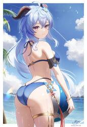 1girl ahoge alternate_costume artist_name ass back beach blue_flower blue_hair blue_sky breasts butt_crack cloud flower from_behind ganyu_(genshin_impact) genshin_impact glaze_lily hair_flower hair_ornament halterneck highres horns jewelry long_hair looking_at_viewer low_ponytail medium_breasts ponytail purple_eyes sidelocks skindentation sky smile sola_num_5130 solo standing summer swimsuit tassel thighlet thighs vision_(genshin_impact)