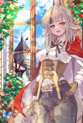 1girl animal_ears belt belt_buckle belt_pouch black_ribbon brown_corset brown_gloves buckle bug butterfly cape corset fang fire_emblem fire_emblem_fates flower fuussu_(21-kazin) gloves grey_hair grey_tail hand_on_own_hip highres hood hood_down hooded_cape insect looking_at_viewer multicolored_hair nintendo open_mouth orange_eyes pink_flower pink_rose pouch red_flower red_hood red_rose ribbon rose solo tail two-tone_hair velouria_(fire_emblem) white_flower white_rose window wolf_ears wolf_girl wolf_tail
